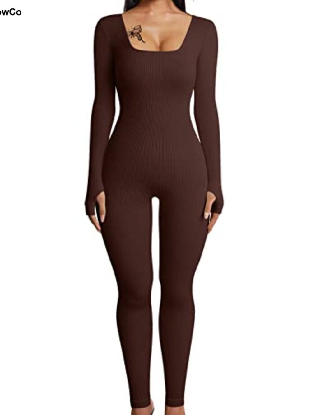 Ribbed Long Sleeve Jumpsuit One Piece Workout Romper Thumb Holes